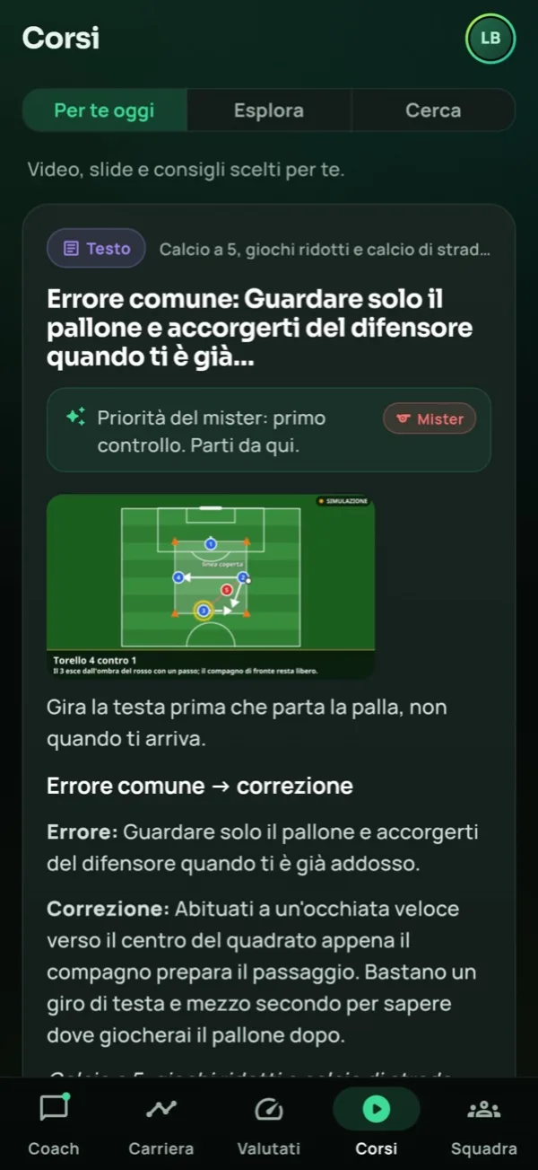 The player app: today’s content starts from the coach’s priority, on demo data (Italian interface)