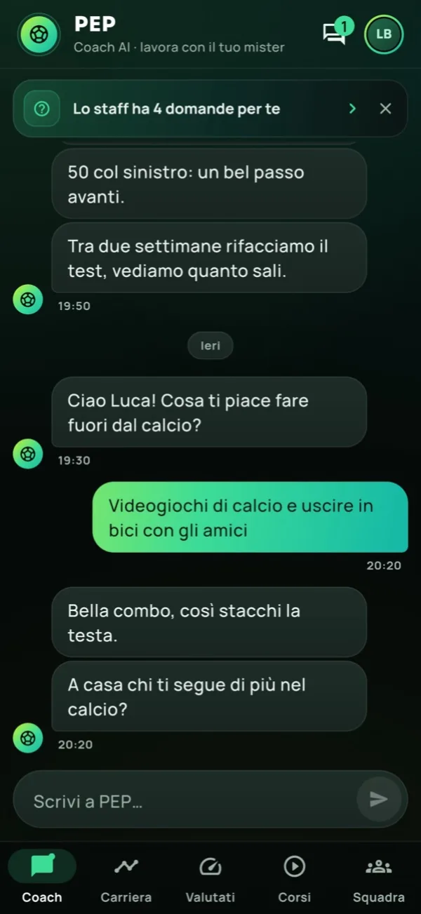 The player app: today’s content starts from the coach’s priority, on demo data (Italian interface)