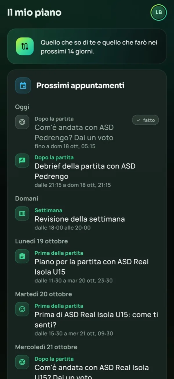 The next 14 days in the player app, on demo data (Italian interface)