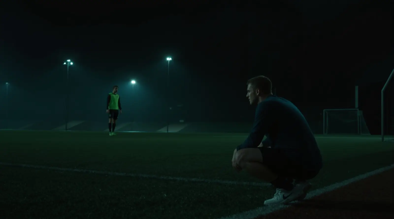 A coach watches a player from the touchline at night (illustration)